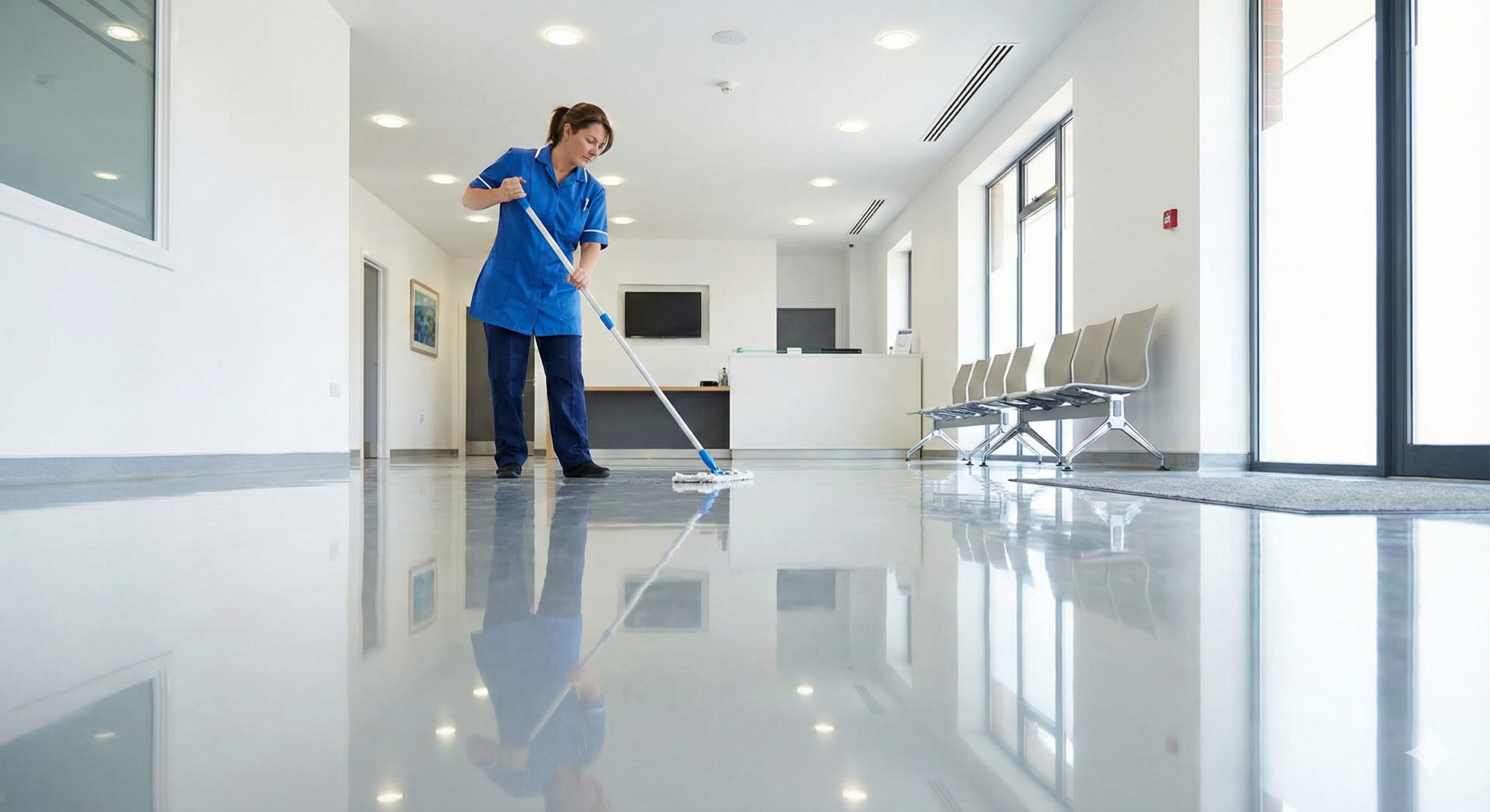 En renholder i blå uniform mopper gulvet i en moderne og ren helseklinikk i Stavanger.